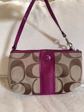 Coach Khaki Signature Wristlet with Berry Trim